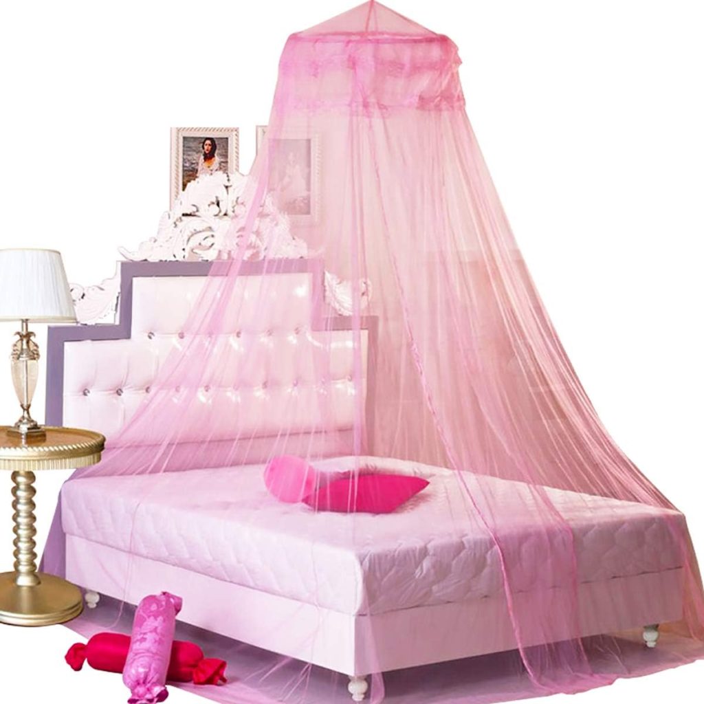 Pink Princess Bed Canopy Netting Mosquito Net Round Lace Dome for Twin Full and Queen Size Beds Crib with Jumbo Swag Hook, Mosquitera con dosel para cama de princesa rosa, redonda, de encaje, para camas individuales, matrimoniales y tamaño queen, con gancho gigante