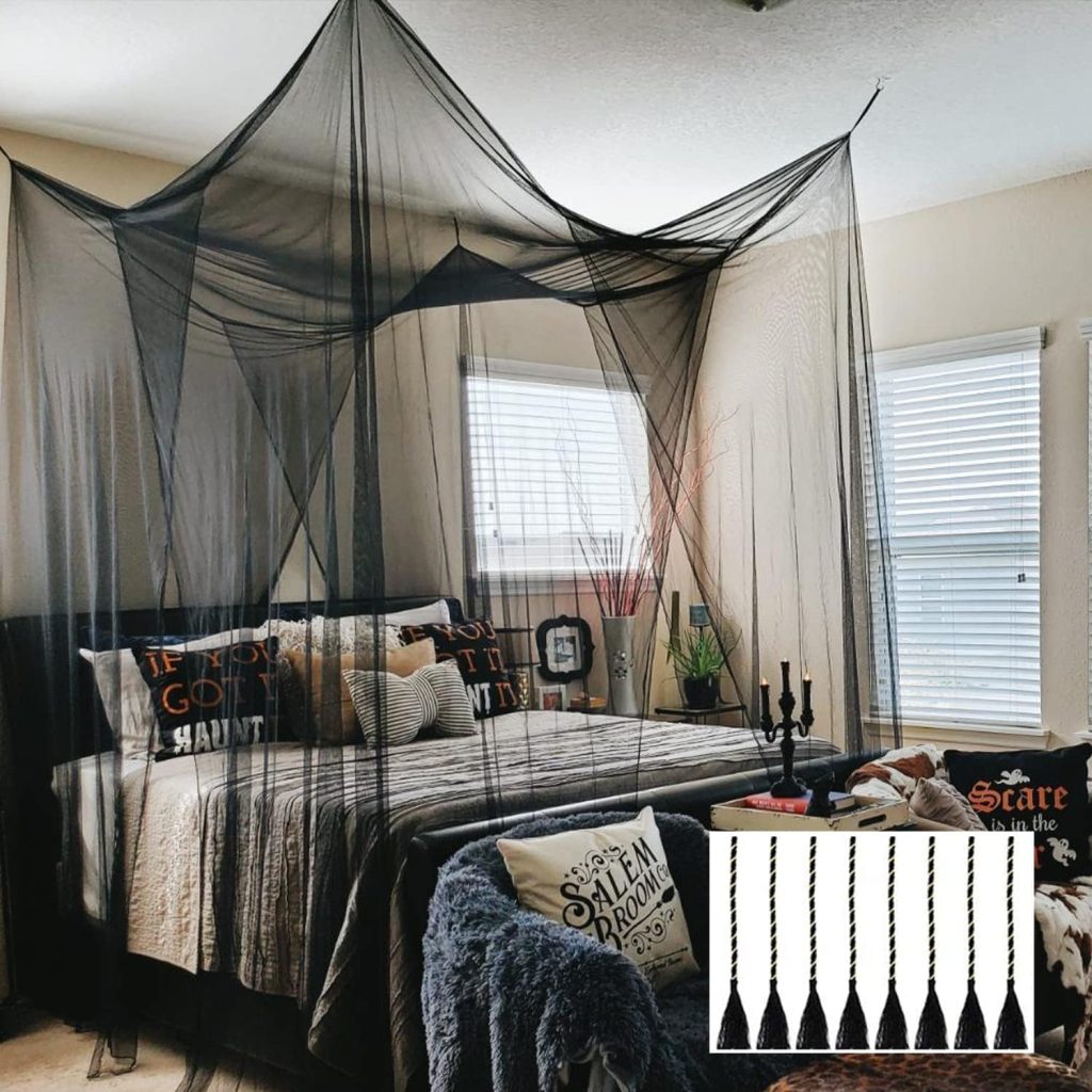 Cortinas para cama con dosel de color negro con mosquitera de cuatro esquinas Twinkle Star para camas de tamaño matrimonial, queen o king, decoración de Halloween, Twinkle Star 4 Corner Mosquito Net Black Canopy Bed Curtains for Full, Queen, King Size Bed Halloween Decoration