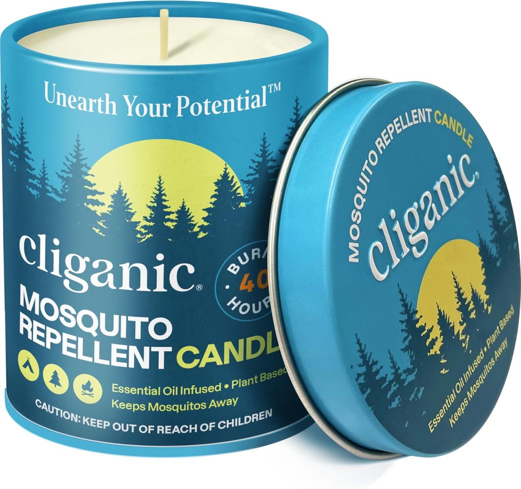 Cliganic Mosquito Repellent Candle (9oz), Citronella, DEET Free, Essential Oil Infused for Outdoor, Camping, Burns 40 Hours. Vela repelente de mosquitos (9 oz) | Citronela, sin DEET, con infusión de aceite esencial para exteriores y campamentos | Dura 40 horas