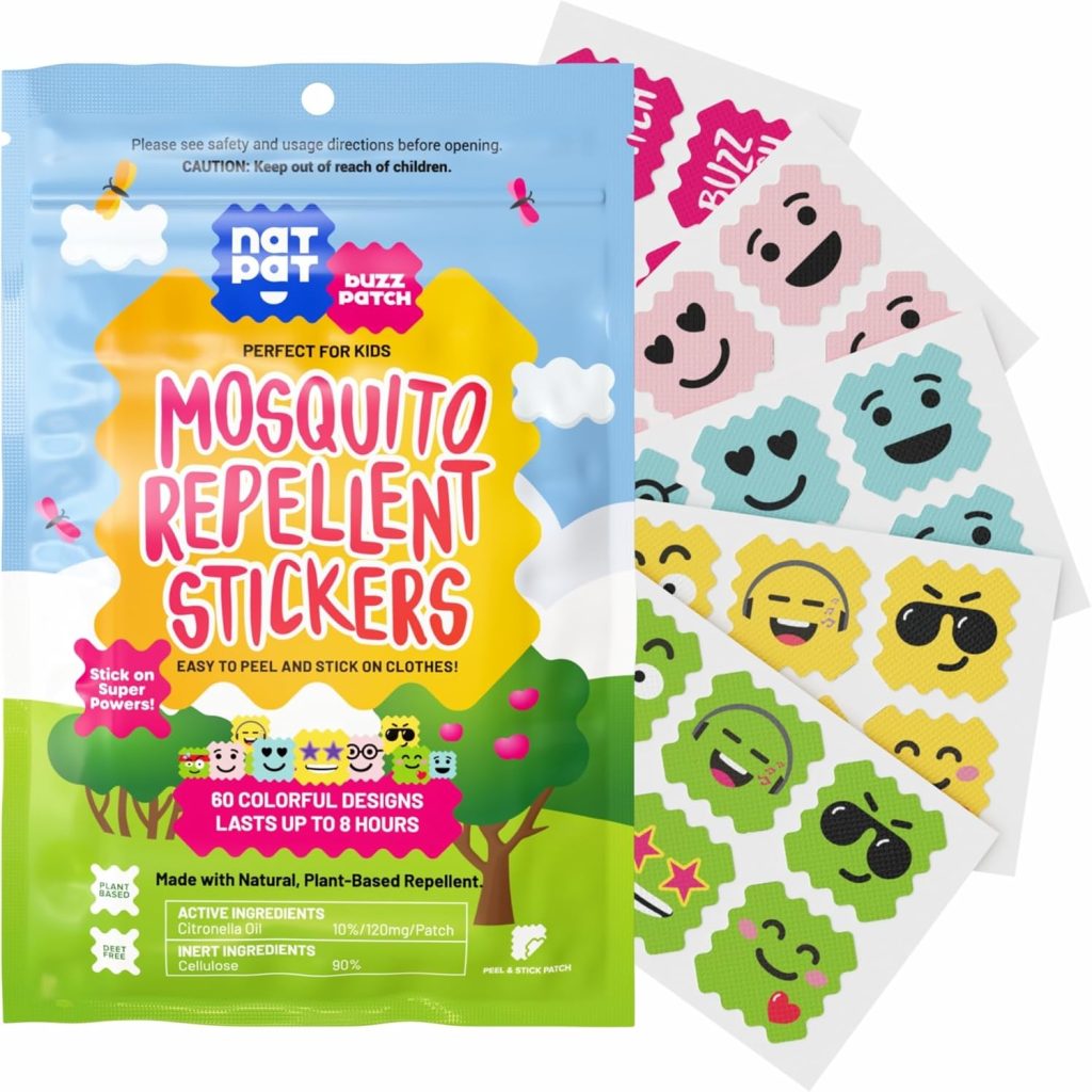 Patch Mosquito Patch Stickers for Kids (60 Pack) - The Original All Natural Citronella Essential Oil Insect Patch, Plant Based Ingredients, Non-Toxic, DEET Free, for Toddlers, Kids. Parches adhesivos para mosquitos para niños (paquete de 60): parche original para insectos con aceite esencial de citronela totalmente natural, ingredientes de origen vegetal, no tóxico, sin DEET, para niños pequeños y niños