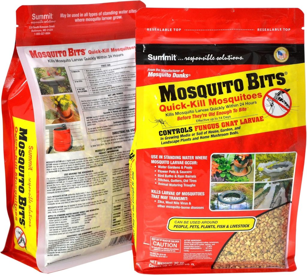 provide optimal environmentally sound biological mosquito control. The quick acting formula kills mosquito larvae within 24 hours. Proporciona un control biológico óptimo de los mosquitos que no daña el medio ambiente. La fórmula de acción rápida mata las larvas de mosquitos en 24 horas.
